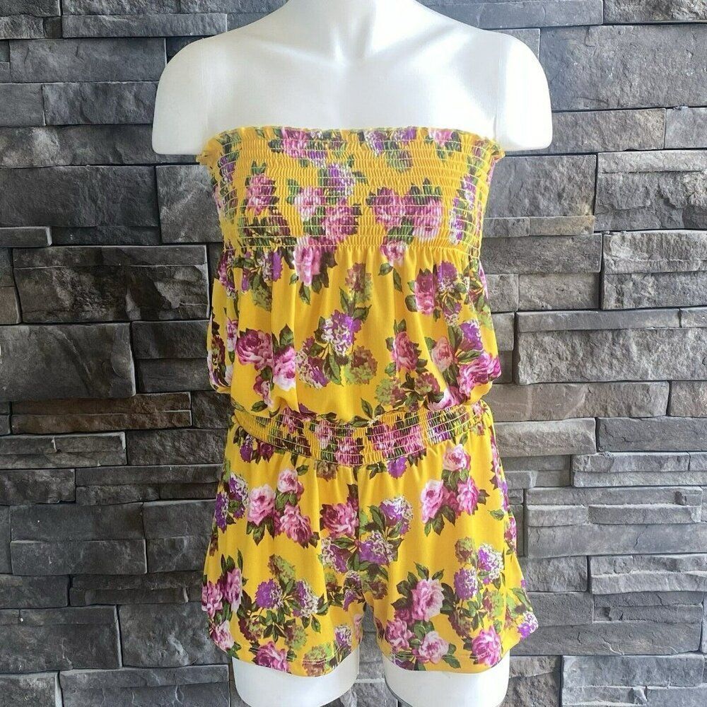 Floral Smocked Strapless Romper Swimsuit Cover‎ Up Beach Hawaiian Tropical Small